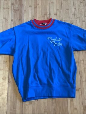 Modest Mouse Blue Short-Sleeve Crewneck Sweatshirt with Red-Trim Collar